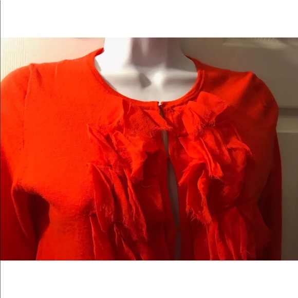 J.CREW Merino 100% Wool Lili Ruffle Chiffon Cardigan Sweater Vibrant Orange Knit - Picture 6 of 10